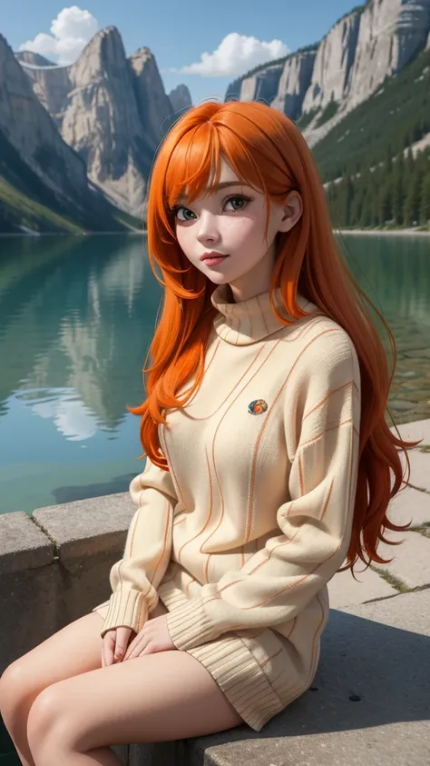 masterpiece, best quality, 8k, portrait of a 22yo female, long orange hair, striped sweater, outdoors, sitting, lake