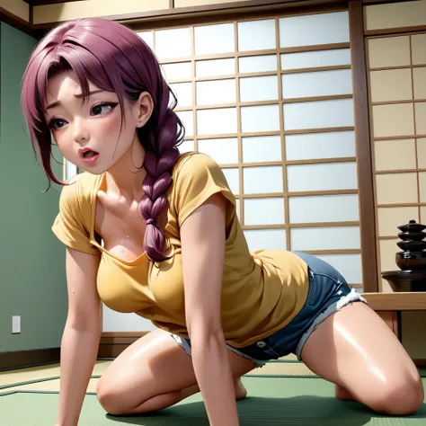 mouth wide open and orgasmic face, see-through, tatami japanese room, white shorts (kneeling posture, crawling position) realist...