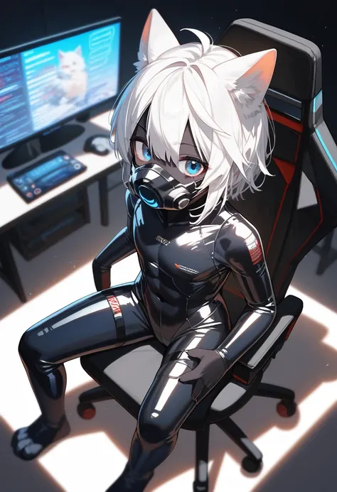 Best Quality, Best Quality,   high quality illustration  , masterpiece, Ultra-high resolution,  Detailed Background, Gaming Room, Gaming Chair,  absurd,  Perfect Anatomy, Good lighting, Shadows in the movies(kemono, Furry Personification), cat,  BLACK SKIN...