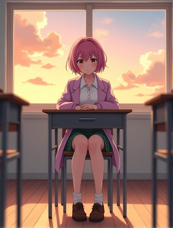  A 17-year-old white-skinned anime-style woman , anime To love ru,  Sitting on a desk in an empty classroom ,  inside a white school with wooden floors in Tokyo during the afternoon with orange sky and clouds, mide 168 cm, its measurements: Bust 60cm, 30 c...