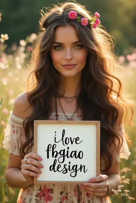 Beautiful girl with wavy long hair, bohemian dress, holding a white board with text "I love fbgiaodesign" and showing it to the viewer