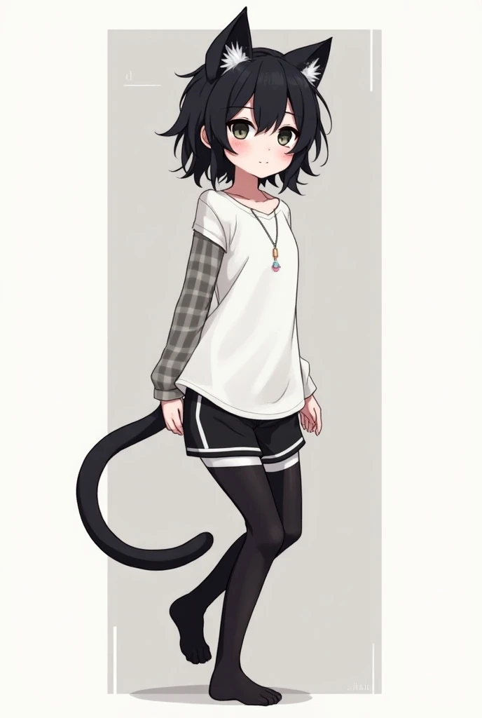 a femboy boy with dark eyes and black hair wearing black tights with white stripes and a white top and short black shorts with ears and a cats tail making a cute anime-style face