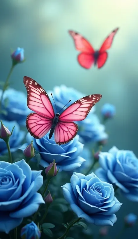 Pink butterfly in a blue rose plant and a red butterfly flying over the plant 