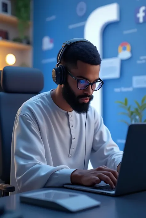 Create a 3d illustration featuring a realistic 30-year-old beautiful bearded boy busy developing software on a chair in front of a 3d logo of Facebook the boy wearing hausa dress from northern nigeria with glasses with headphones,the background of the imag...