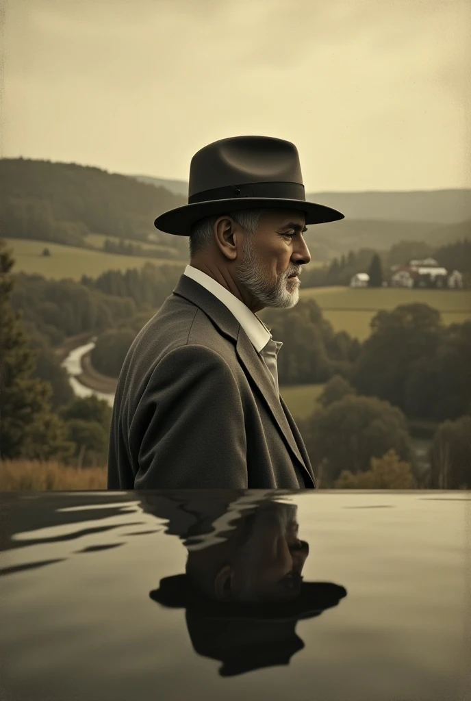 Make a 30-year-old man in a hat reflecting in front of a landscape in 1920
