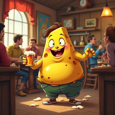 2d cartoon drunk cheese in a pub having fun