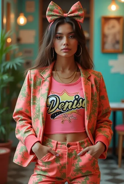 Clothes very similar to the juicy cuture brand, 1960s style, with a similar design that says DENISE, y2k style, not simple, identical to the juicy cuture logo