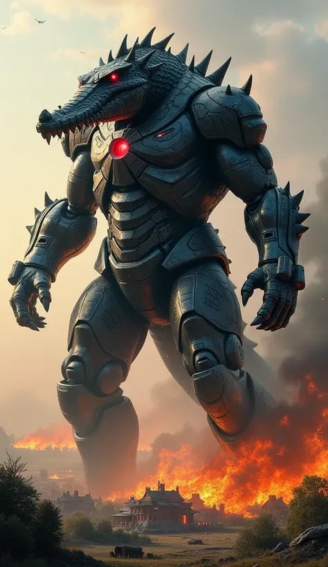 A large, muscular Iron Man-style armored machine shaped like a crocodile with a scaly black body with red eyes, claws on its arms, Landscape of the village in flames.