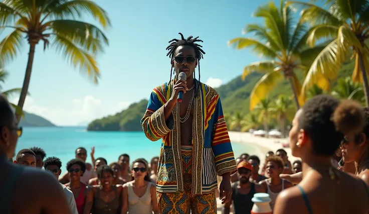 Seychelles as a paradisiac island african 2000´s rapper singer in stripped blue, yellow, red, white and green colors. intricated costumes, rapper singing in a concert scenary. cinematic view