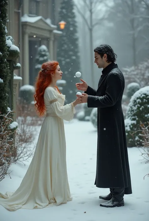  woman with long natural red hair around her waist ,  wears a simple Victorian Chiara dress from 1885 ,  they are in a garden of a Victorian mansion , It&#39;s snowing, afternoon,  shes throwing snowballs at a dark-haired, pale-skinned man like vampire 188...