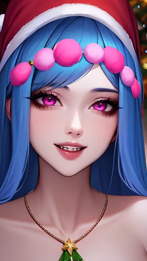 1 girl, ( League of Legends), Alone, long hair,  looks at the viewer , smile, hat, Schmuck, bare shoulders, Blue hair, collarbone, Teeth, necklace, Pink eyes, Necklace, portrait, red headpiece , Christmas hat,  fur-studded headpiece,  sensitive masterpiece...