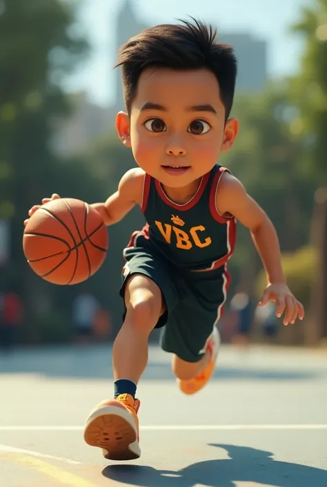  4d caricature realistic ,35 year old Indonesian man, short straight hair , wearing basketball sportswear , written on chest  "VBBC ",running dribblebasketball with focused face,  on a nice basketball court  ,ultra HD,Hyper realistic,ultra detail,super ima...