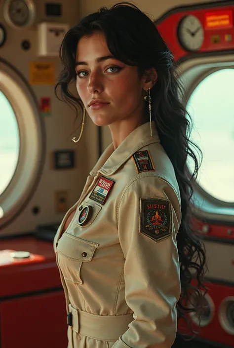 incredibly sexy woman in a fabric_work_coveralls, patches, focus on face, slim body, perfect body, interior retro spaceship 