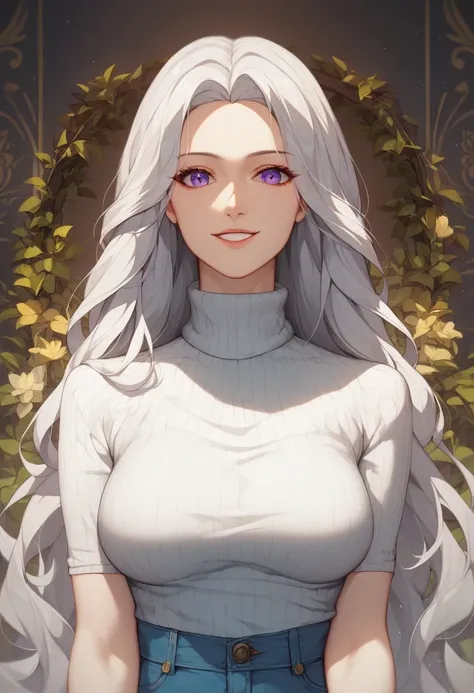 extremely detailed CG unity 8k wallpaper, masterpiece, best quality:1.2, highres, silver white hair with blue tips, purple eyes, extreme detail,solo,1girl, slited eyes, horizontal eyes, medium breasts, long hair, neutral pose, mature female, milf,puffy tur...