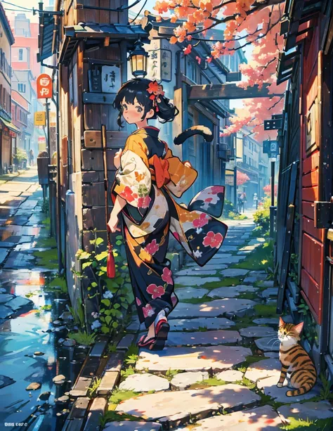   High Resolution , Overall saturation is bright,kimono,
 1 girl,cat,The wind blows,Cobblestones,
 close-up , 