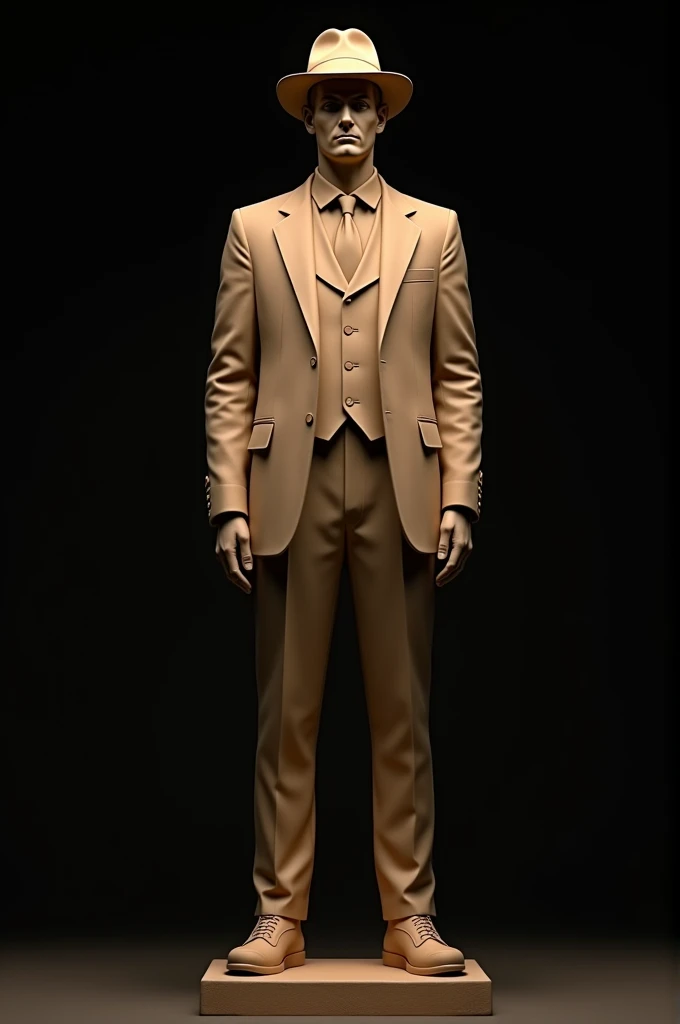 Make a sculpture of a man wearing full-body, standing clothes in a sepia tone and on a plain, black background.