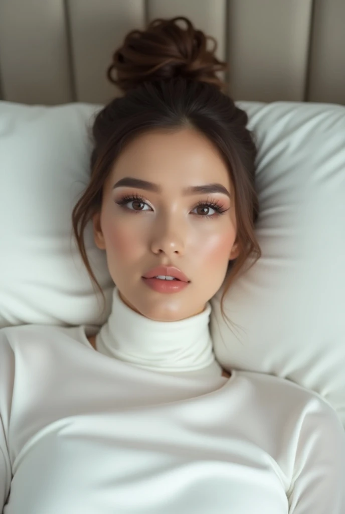 A model, a woman, about 25 years old, with exquisite makeup, wearing a white turtle neck blouse, brown hair tied in a bun on top of her head. She is lying on her side on a bed with white silk sheets and a white pillow. Half-length shot. Neutral background....