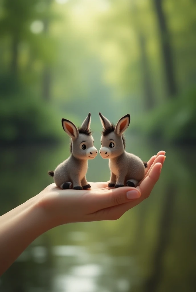 2 donkeys being gently held by a human hand. He is very small, e fofo. The background is blurred with a forest and a pond behind it.