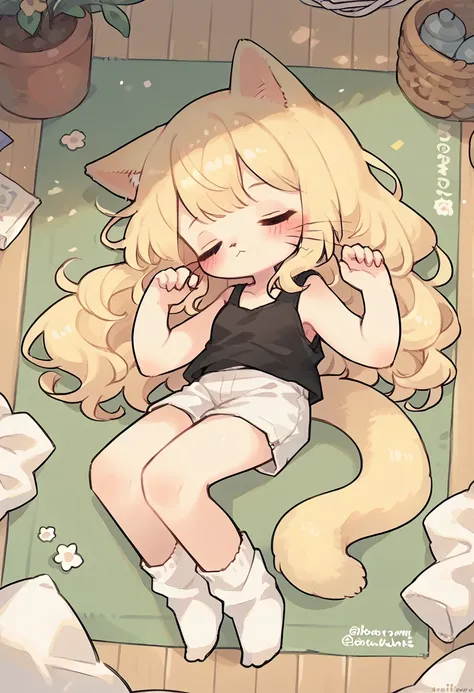 1girl, long blonde hair, cat ears, whiskers, eyes closed, sleeping on a mat, black tank top, blushing, white shorts, white socks, cat tail