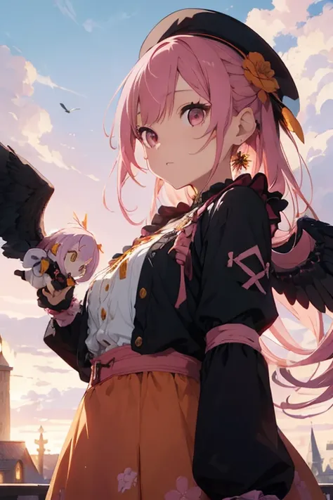 1girl, solo, pink hair, long hair, flower ribbon, pink earrings,  body, as a , yellow long sleeve dress, black eyes, black eyeliner, black eyelashes, orange cap, hawk wings, pink sky, fantasy world, castle, dolls, playing dolls