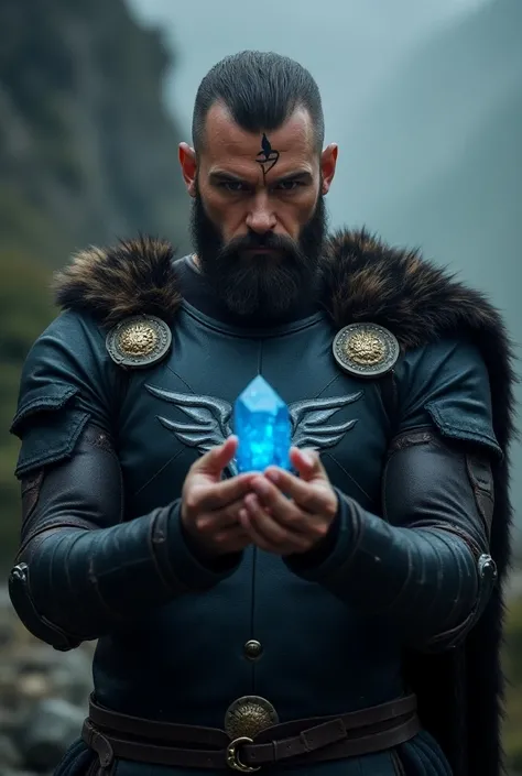 Norse warrior, with a runic tattoo on his forehead, dressed in black leather armor with a raven carved on his chest, holds a blue runestone with both hands, and on his index finger a shiny gold ring.