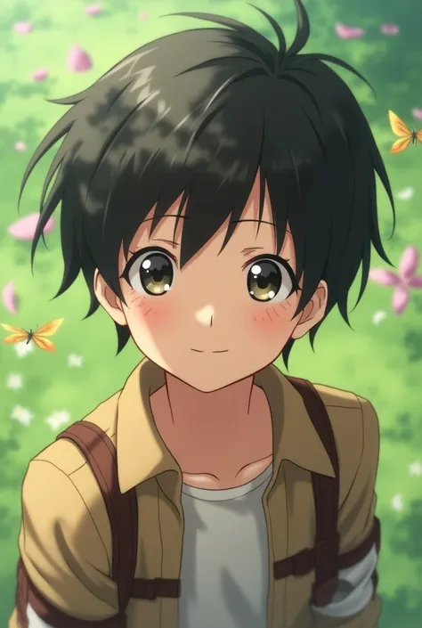 Give an anime characters looking like earen from attack on titan a anime which should be animeted and looking innocent 