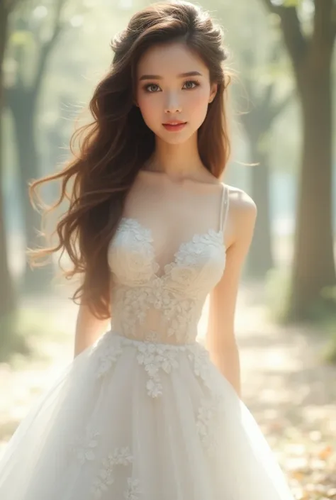 Young lady , Brown hair , blue eyes wedding dress 