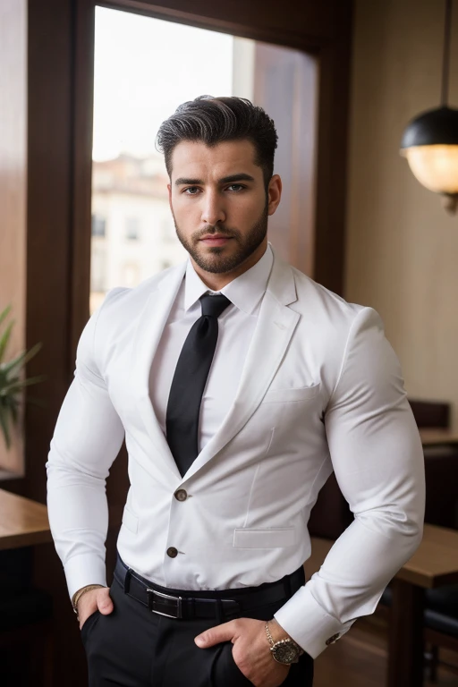 Michele Vittorio macho handsome, business suit, bearded and muscular man, very handsome and manly, intricate, elegant, sharp focus, photo by greg rutkowski, Soft lighting, vibrant colors, masterpiece, en un restaurante, sexy Whole body, black suit pants, b...