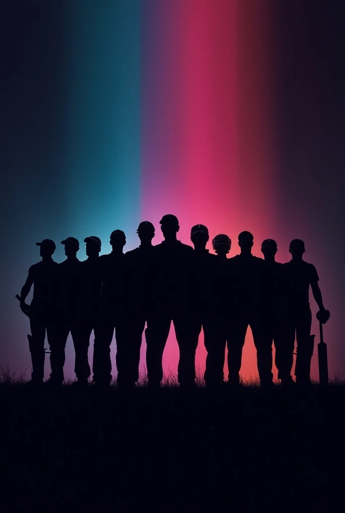 shadow  of Ten men cricketer standing in a single  row in attitude with a certain distance to each other with a dark black  bright background 