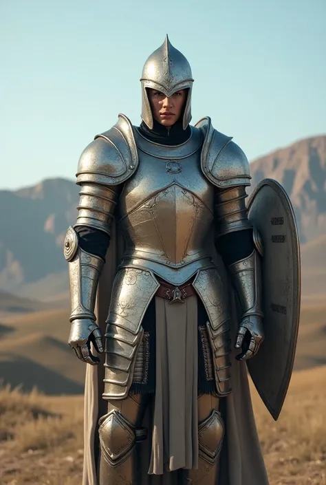 Warrior with silver armor and a shield that says HERISA 