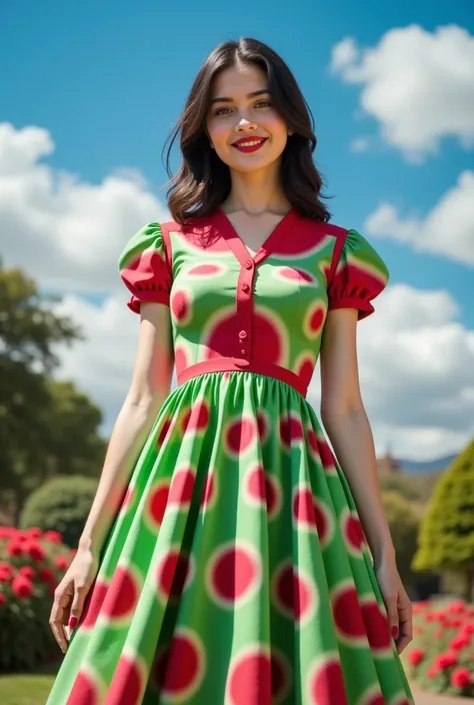 masterpiece photo of a dark-haired full-length sorceress with green eyes dressed in a magical watermelon dress actively says something while gesticulating, a cheerful facial expression, blush, interesting dynamic pose, against the background of college of ...