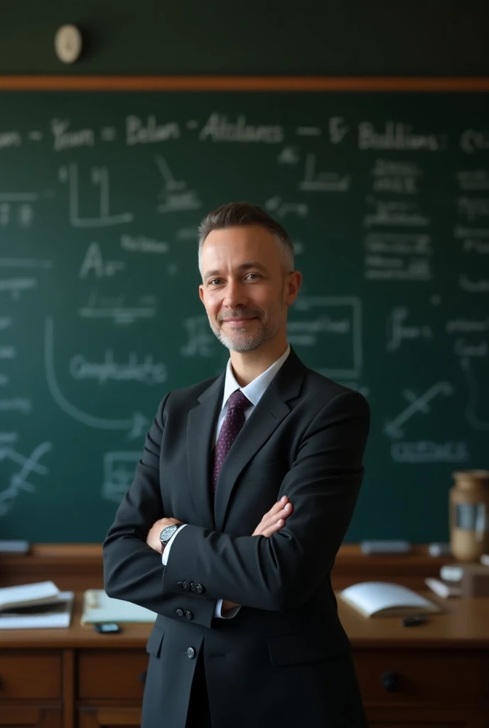 A teacher with a blackboard background