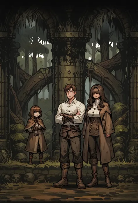 ((Darkest Dungeon Style)) ,Human Male Adult   , dark Brown long hair , hair over eyes ,Medieval Clothing , White shirt Buttons , Brown Coat , background Dark forest ,Pants , boots , dark Fantasy