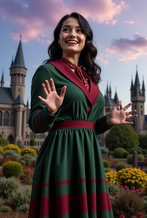 masterpiece photo of a dark-haired full-length woman with green eyes dressed in Hogwarts mage uniform actively says something while gesticulating, a cheerful facial expression, blush, interesting dynamic pose, against the background of college of magic, a ...