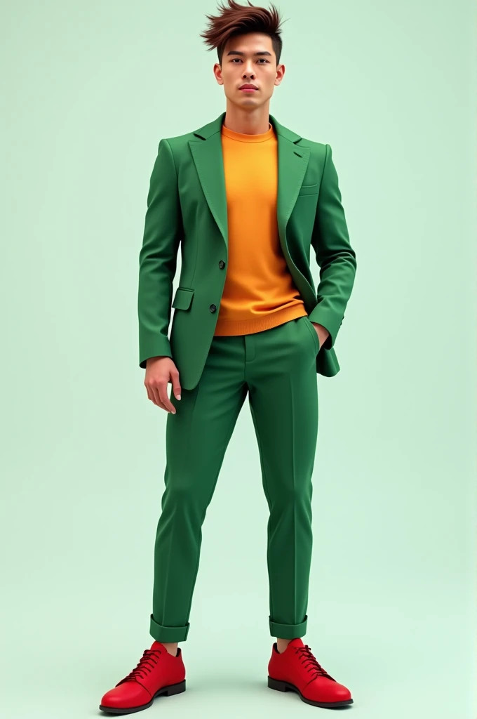 Medium build male with short brown spiked hair wearing green suit jacket with green pants and red shoes 