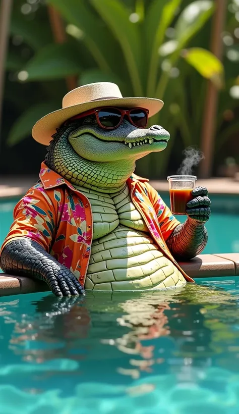 A muscular crocodile , hawaii shirt, using beach hat, retro sunglass, potrait, relaks swimming pool , sunny day, taking a realistic photo , Super Detailed, Award Winning, HD, coffee 