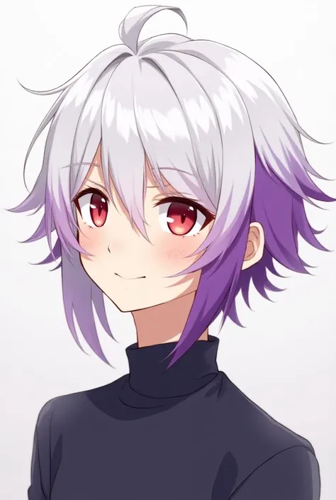 Anime boy, Haircut: Side hair tomboyish, white color and purple under dye. And red peach tone eyes 