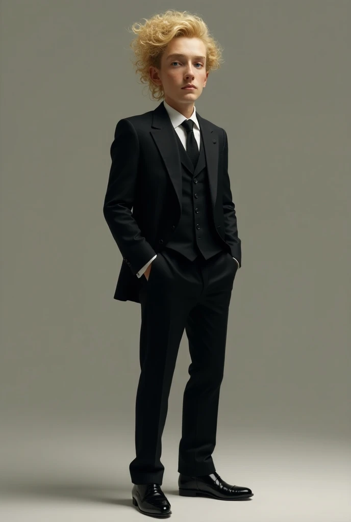  A tall man who wears a black suit with black pants, along with black shoes ,  he has extremely curly blond hair , blue eyes and freckles on her face