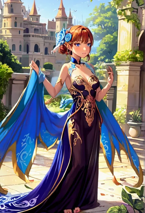 A cute yuna in a sheer gown with intricate embroidery, no underwear, training a playful baby dragon, joyous scene, magical, high fantasy, in the castle courtyard garden, detailed facial features, beautiful eyes, detailed lips, delicate skin, elegant postur...