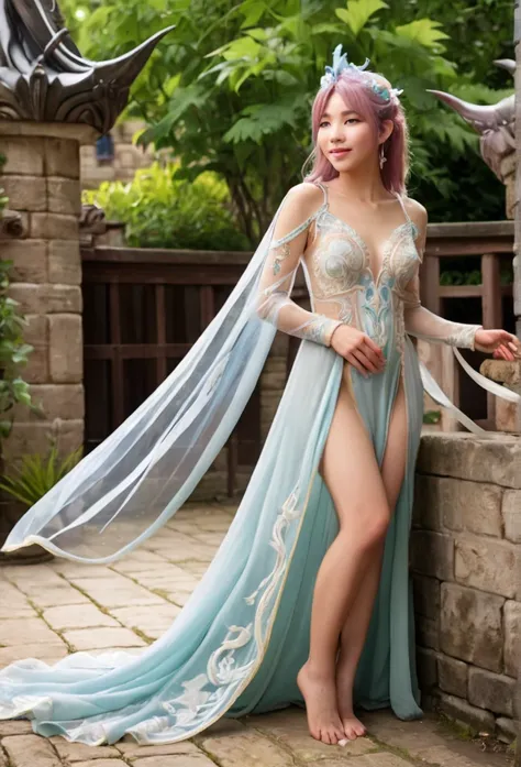 A cute yuna (sheer gown, intricate embroidery, no underwear), training a playful baby dragon. Joyous scene, magical, high fantasy, in the castle courtyard garden