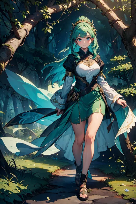 (((masterpiece, best quality, high detailed, 16k))) (1girl) A hauntingly beautiful guardian of the spectral forest, her hair is deep green, with flowers and leaves intertwined. Her eyes glow with a soft, ethereal light. She wears a dress made of vines and ...