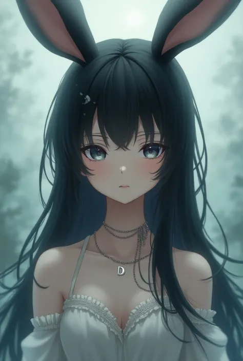 Anime girl with bunny ears ,  white skin,  long black hair and a chain with the letter D