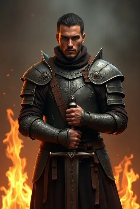  Warrior in combat position wearing medieval armor with antique finishes, sword and bottom of fire  