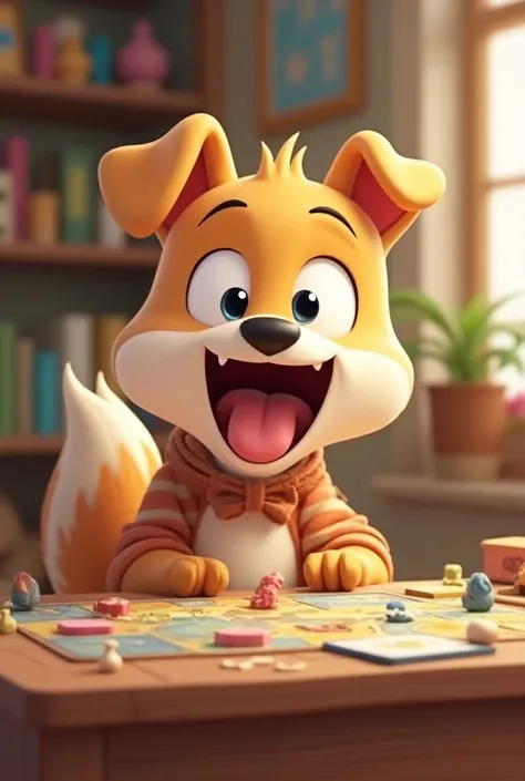 An animated dog playing board games