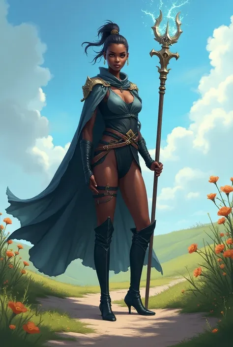 In RPG style, in style of Dungeons & Dragons, in style of fantasy painting. Full body view, looking at the viewer. image of a black female mage with magical metal staff, high boots, short ponytail hairstyle. The sky is blue with white clouds and the overal...