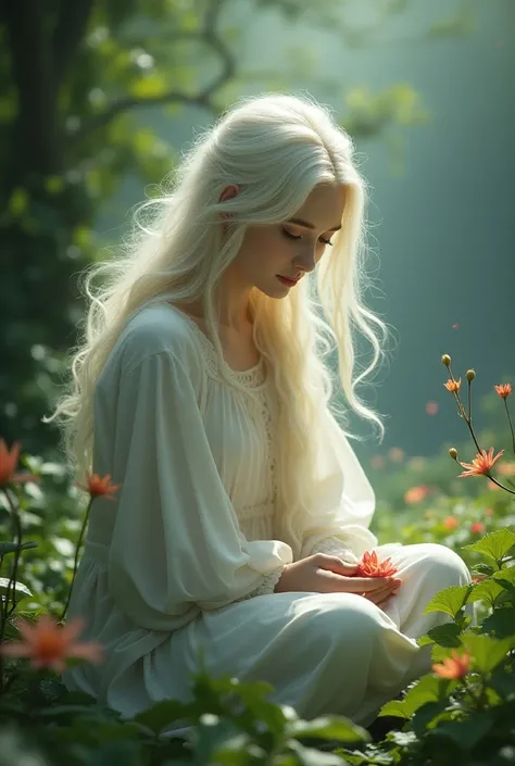 "Create an ethereal portrait of the White Witch in the tranquil village of Desola. She is a young and beautiful woman with flowing hair and a radiant presence, surrounded by vibrant flowers and lush greenery. The scene captures her gentle demeanor as she h...