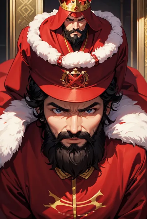 1 person、king、Bearded、An evil look、Perm Hair、Red clothes、luxury cloak