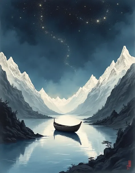 A small boat on a mountain and a river in the night sky Ink painting  