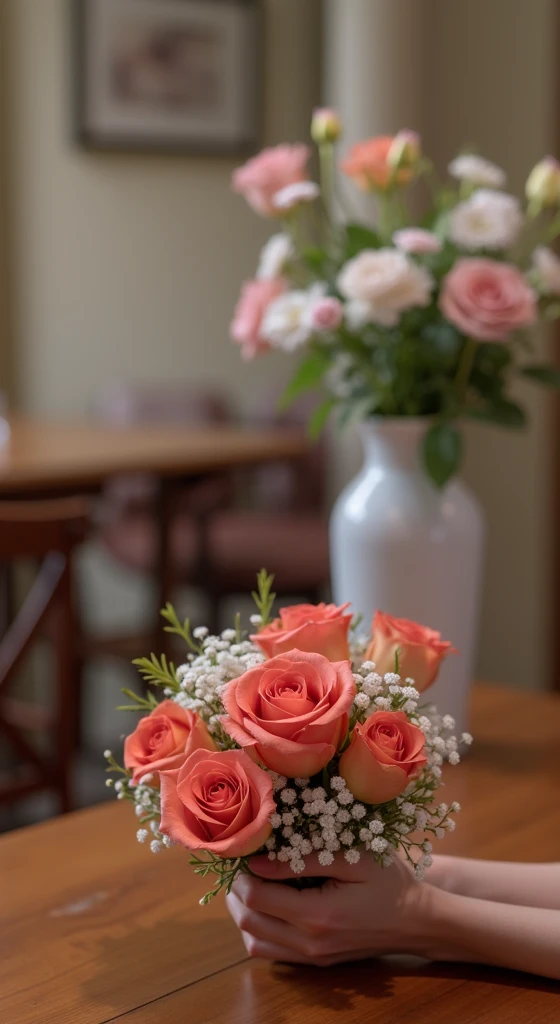 In hand there is a bouquet of flowers.