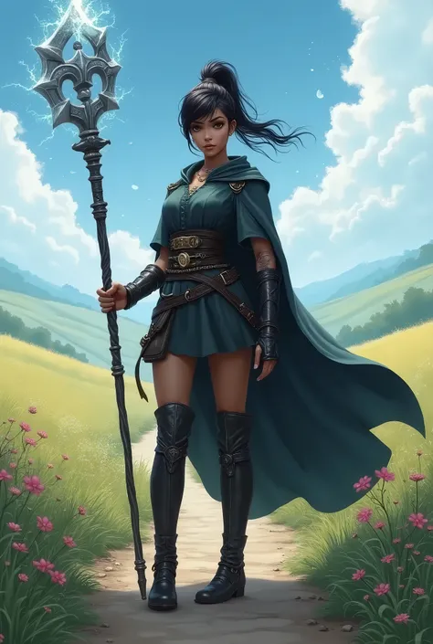 In RPG style, in style of Dungeons & Dragons, in style of fantasy painting. Full body view, looking at the viewer. image of a black female mage with magical metal staff, high boots, short ponytail hairstyle. The sky is blue with white clouds and the overal...